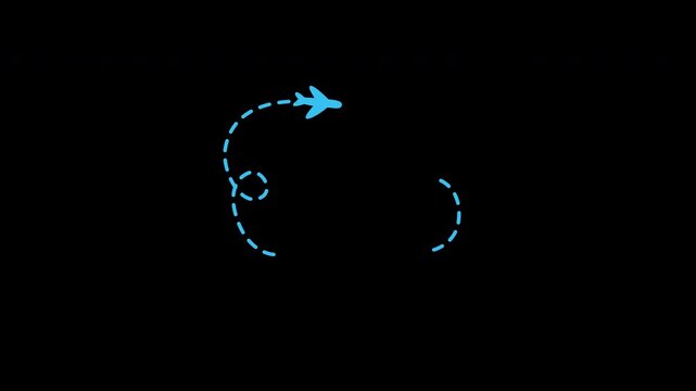Airplane dotted line path icon loop Animation video transparent background with alpha channel
