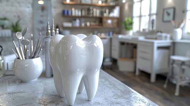 3d mockup of tooth model with dental instruments on a clinic table