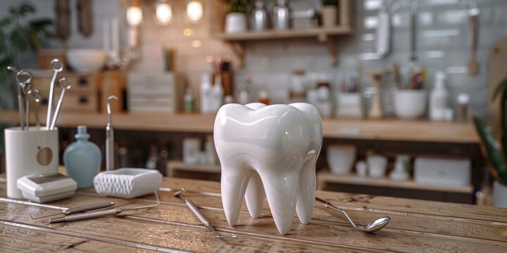 3d mockup of tooth model with dental instruments on a clinic table