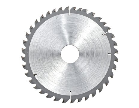 A silver circular saw blade with a central hole and jagged teeth