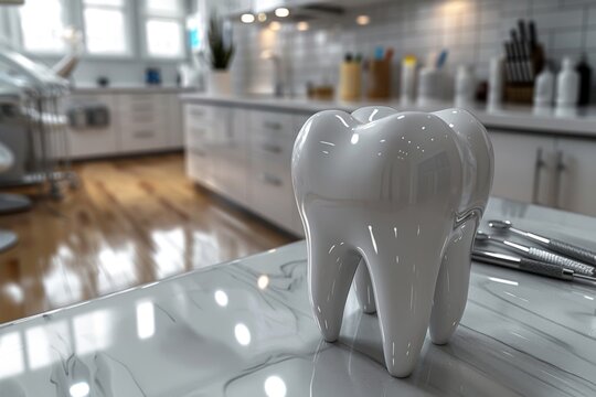 3D tooth model alongside various dental tools on a sterilized clinic surface.