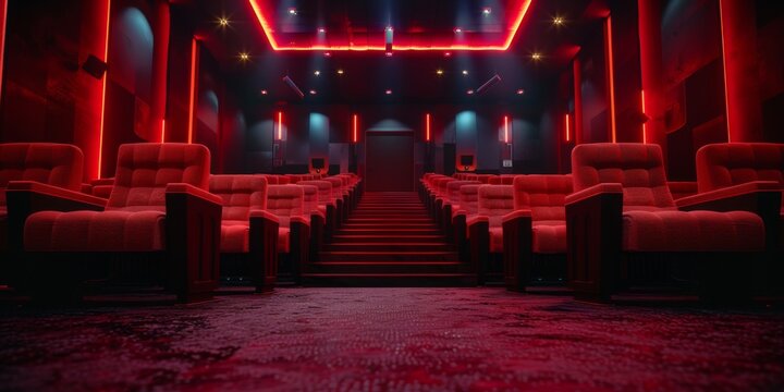 A spacious cinema hall with vibrant red seats and neon lighting, featuring a large blank screen ready for a movie projection.