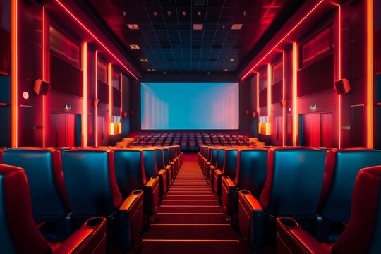 Modern cinema hall interior with blank screen and red seats