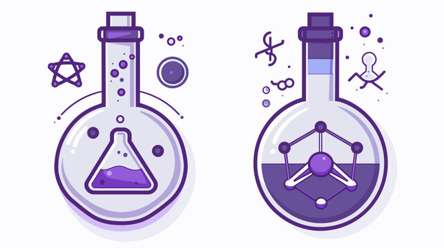 Two science beakers with stylized content in purple outlines on a bright white backdrop
