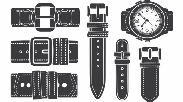 Assorted watch straps and a watch face are depicted in a black and white vector