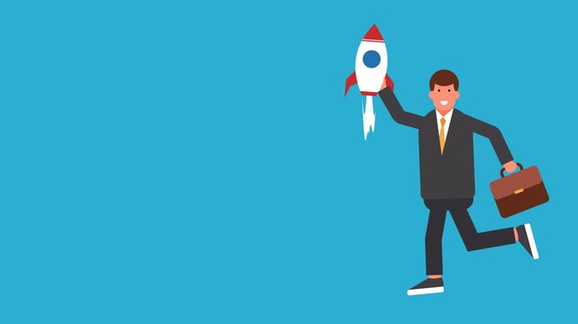 Illustration of a professional running with a rocket, symbolizes ambition, speed, and enthusiasm to achieve success in a career or business.