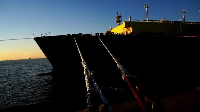 Aerial view of LNG carrier terminal at sunset, cargo ship mooring
