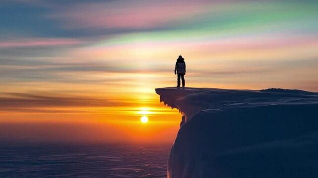 Lone polar explorer standing on icy cliff edge watching rare nacreous clouds at sunset