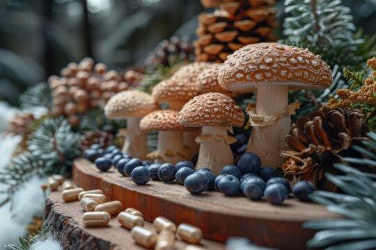 Shiitake mushrooms arranged next to natural herbal supplement capsules, illustrating a concept of alternative medicine.