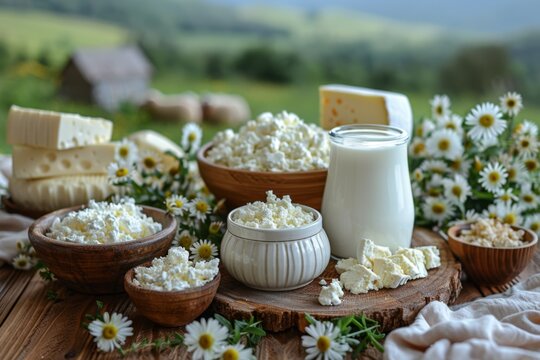 Fresh dairy products displayed on a rustic wooden table in a countryside setting