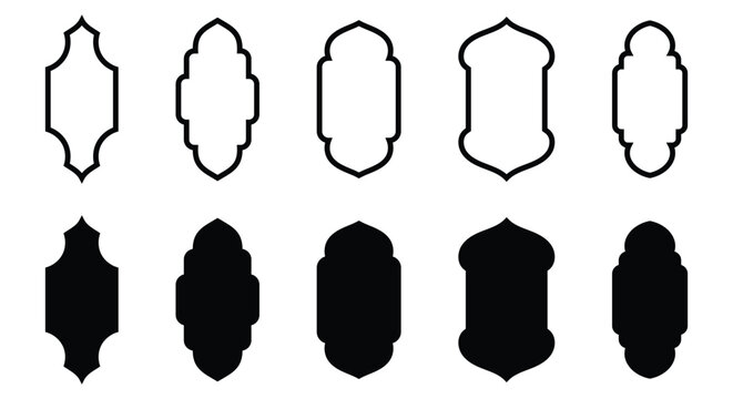 Various shape Islamic shape graphic element collection. Set of Mosque Shape Door and window on black and white color. Islamic ornament vector design.