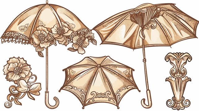 Antique sepia toned vector illustration of umbrellas, a floral bouquet and ornament