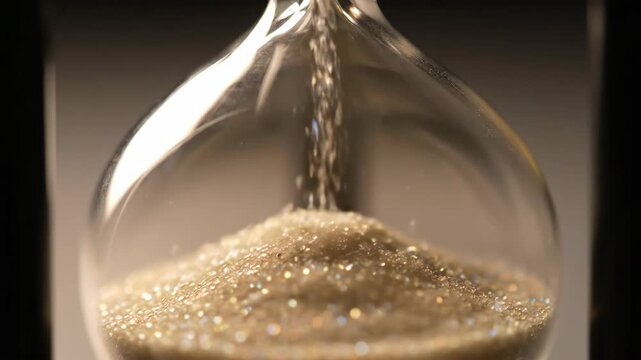 Close-up of sand flowing through a clear hourglass timer