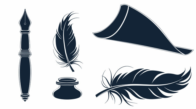 Quill pen, inkwell, feathers, and paper sheet in elegant monochrome illustration