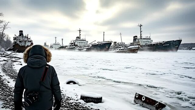 Photographer exploring abandoned ship graveyard in arctic winter landscape