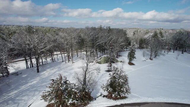 Aerial view of beautiful snow covered tress in a local park in Rhode Island.