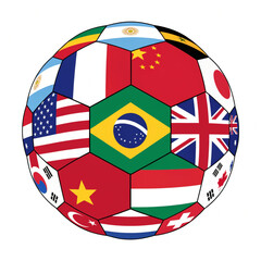 Obraz premium International soccer ball with world flags, global football tournament concept, colorful sports ball with national flag patterns on white background