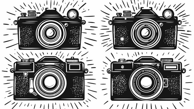 Four retro cameras facing forward, with stylized sunburst effect, vintage-style, b&w