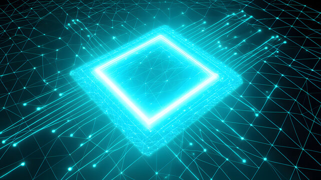 Vibrant cyan glowing circuit board network, abstract digital data flow visualization, futuristic technology concept, glowing square processor, intricate connections.