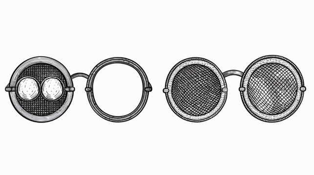 Steampunk-style glasses with mesh and solid lens, ink drawn isolated on white