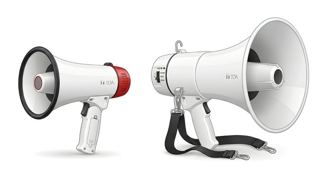 Portable megaphone loudspeaker isolated on white background, used for announcements and public communication.