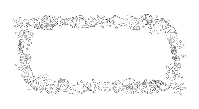 Seafood border frame, ocean illustration, shell vector, beach label template