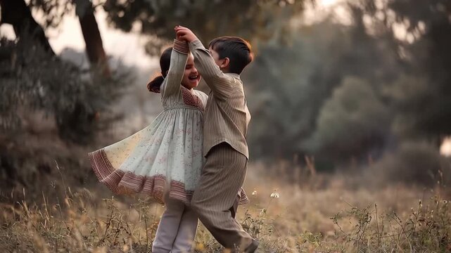 Siblings joyfully play together in a serene outdoor field during golden hour, capturing the essence of childhood bliss and innocence