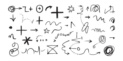 Naklejka premium Set of hand-drawn scribble elements. various arrows, circles, crosses, and other doodle shapes.