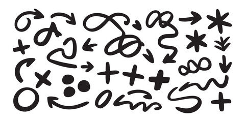 Naklejka premium Various hand-drawn arrows, plus signs, and abstract shapes. decorative doodle elements set.
