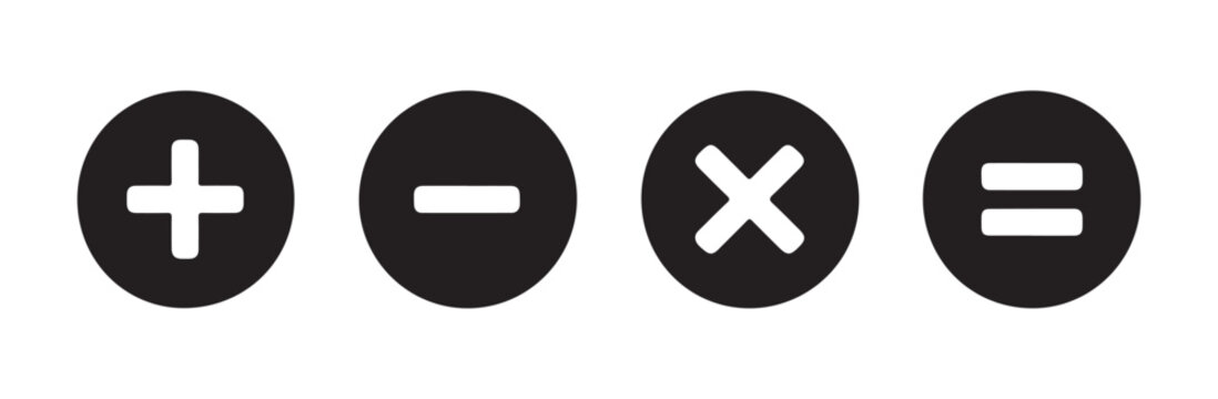 Basic four mathematical operator icons in solid black circles for interface design projects.