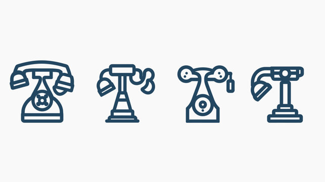 Line art of four vintage telephones in dark blue outlines against a white backdrop