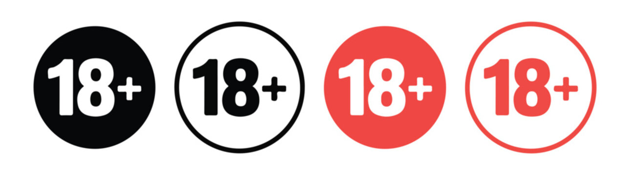 Eighteen plus age restriction signs. black and red circle icons with number 18 and plus symbol.