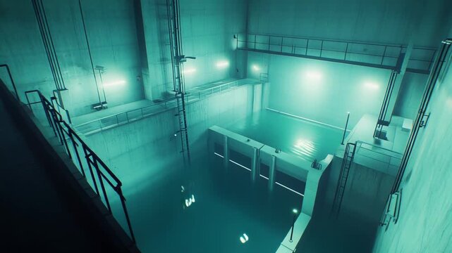 Underground industrial reservoir featuring concrete walls and structures, filled with glowing blue water, creating an eerie and mysterious atmosphere within a liminal space