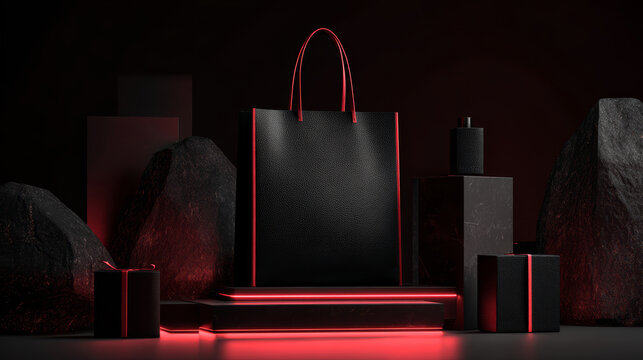Luxury bag black handbag red light dark background fashion accessory modern design product display minimalist style sleek luxury bag dark