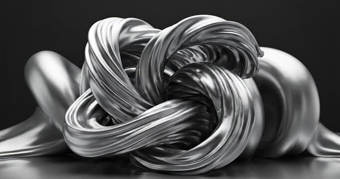 Abstract metallic sculpture twisted in intricate patterns against a dark background