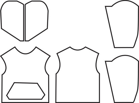 Set of sweatshirt hoodie garment sewing pattern pieces with sleeves pocket and hood for technical fashion design and manufacturing