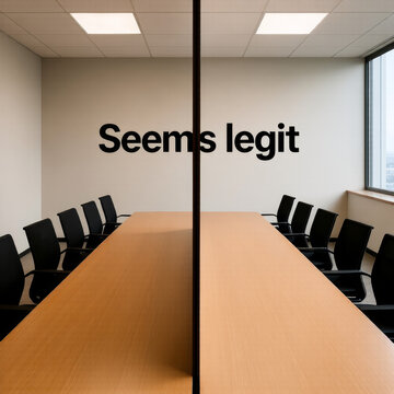 Conference room with seems legit sign representing surface level credibility questionable trust and perception management in political environments