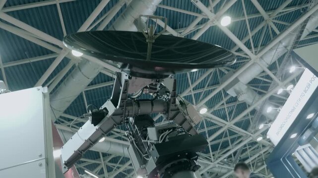 Satellite TV antenna with precise positioning function for yachts and any transport that is constantly in motion. Closeup. Shot in motion
