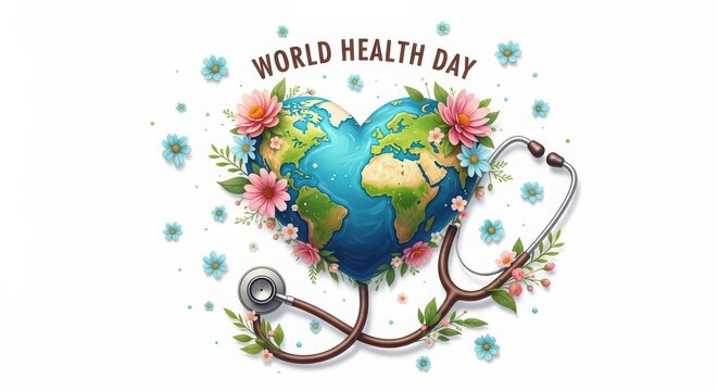3D illustration of a heart-shaped Earth globe surrounded by spring flowers and a medical stethoscope with World Health Day text isolated on white background.