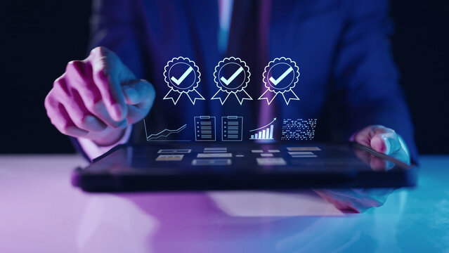 Certified business investment and financial growth strategy. Digital data analysis chart, approved corporate quality assurance management, smart economic planning, and successful stock market concept.