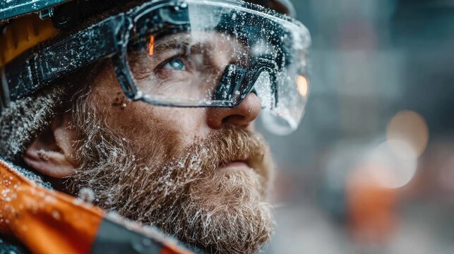 Rugged man with snow-covered beard and goggles braving harsh winter conditions outdoors