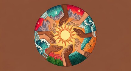 Naklejka premium Illustration of diverse hands reaching towards a central sun within a circle featuring mountains, ocean waves, and forests. Symbolizes unity, nature harmony, and global community.