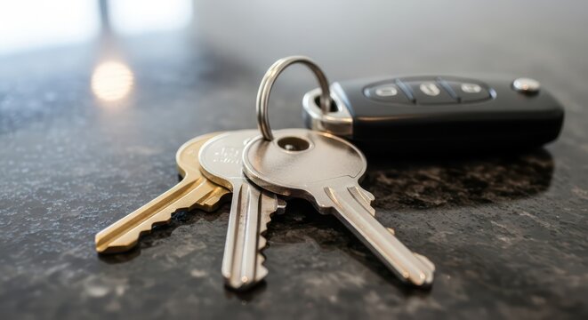 Close-up of a set of car keys and a remote fob on a textured surface.