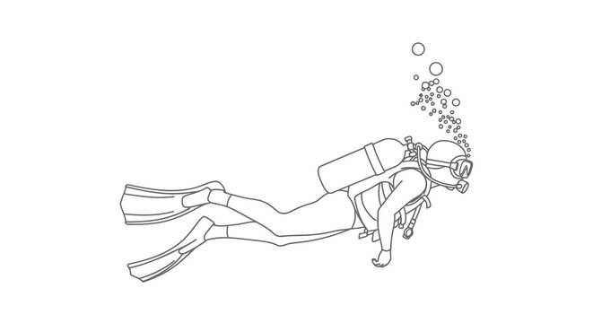 Line drawing of a scuba diver exploring underwater with bubbles