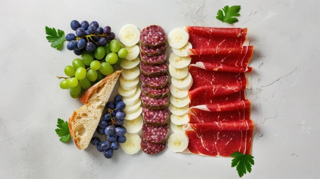 Fresh Fruit and Meat platter with assorted grapes, salami, cheese, bread, and herbs arranged in a beautiful layout
