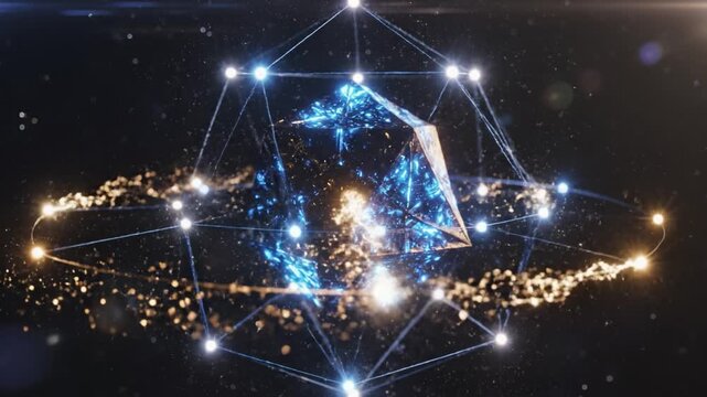 Futuristic polygon shape glowing blue crystal digital network abstract geometric structure with sparkling particles, dynamic motion, golden triangle, interconnected energy, sci fi innovation