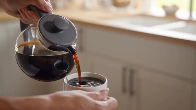 Person pouring coffee from a glass coffee pot into a white cup