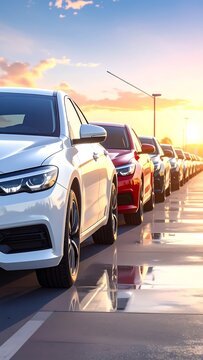 A serene lineup of cars on a wet road at sunset
