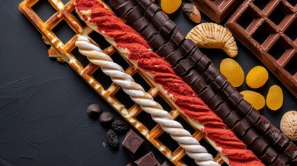 Naklejka premium Assorted Chocolate Treats with Waffles, Cookies, and Fruit Slice Decorations on a Dark Background
