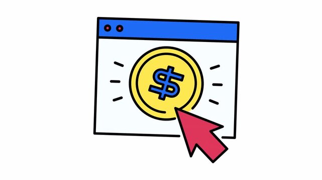 Browser, dollar coin, and cursor arrow symbolize online monetary transactions. Suitable for finance concepts, ecommerce websites, or digital marketing materials.